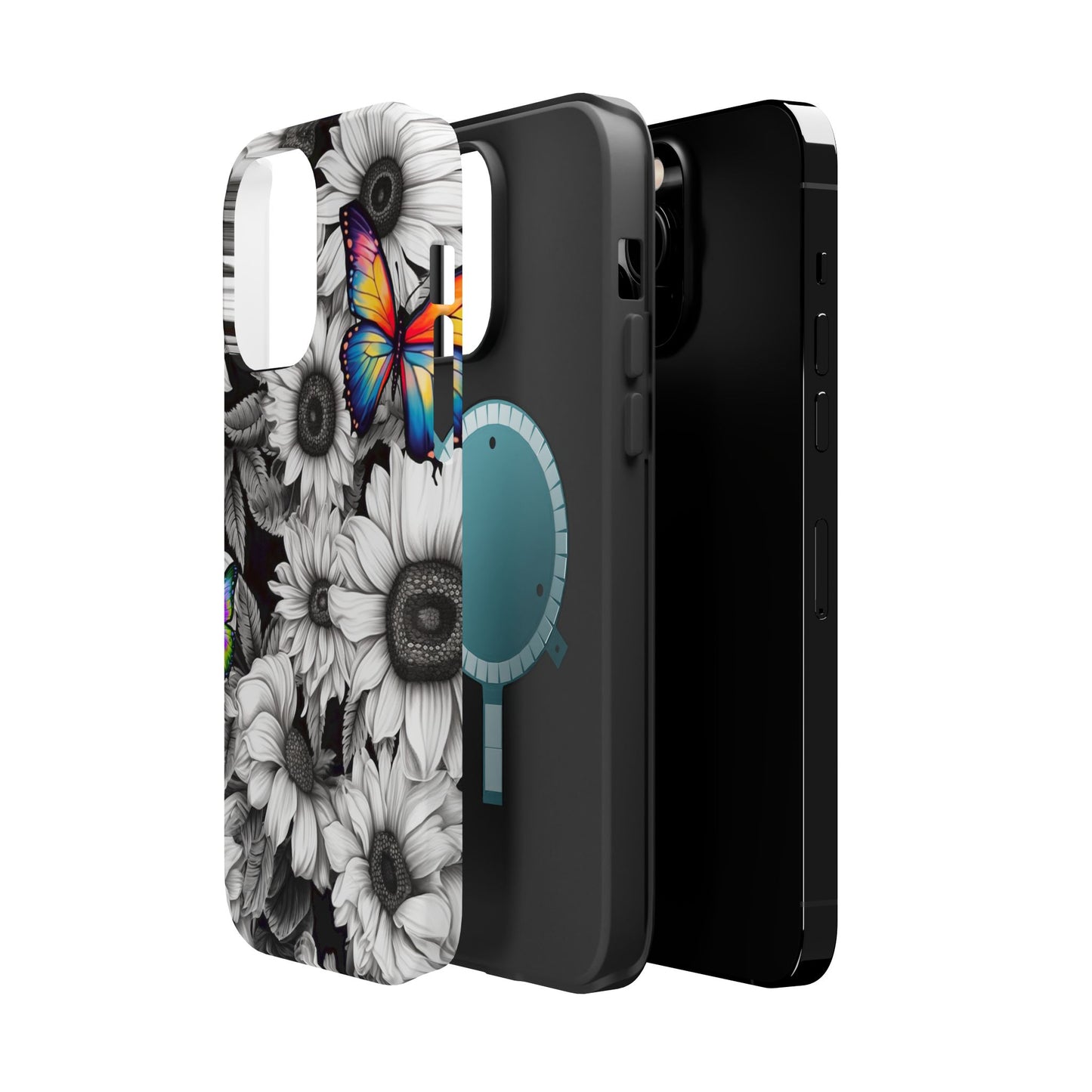 Rainbow Butterflies & Monochrome Sunflowers – MagSafe iPhone Case