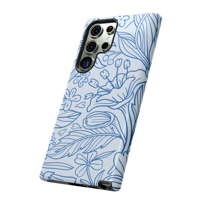 Dusty Blue Floral Line Art Tough Samsung Galaxy Case – Minimalist Botanical Design with Dual-Layer Protection