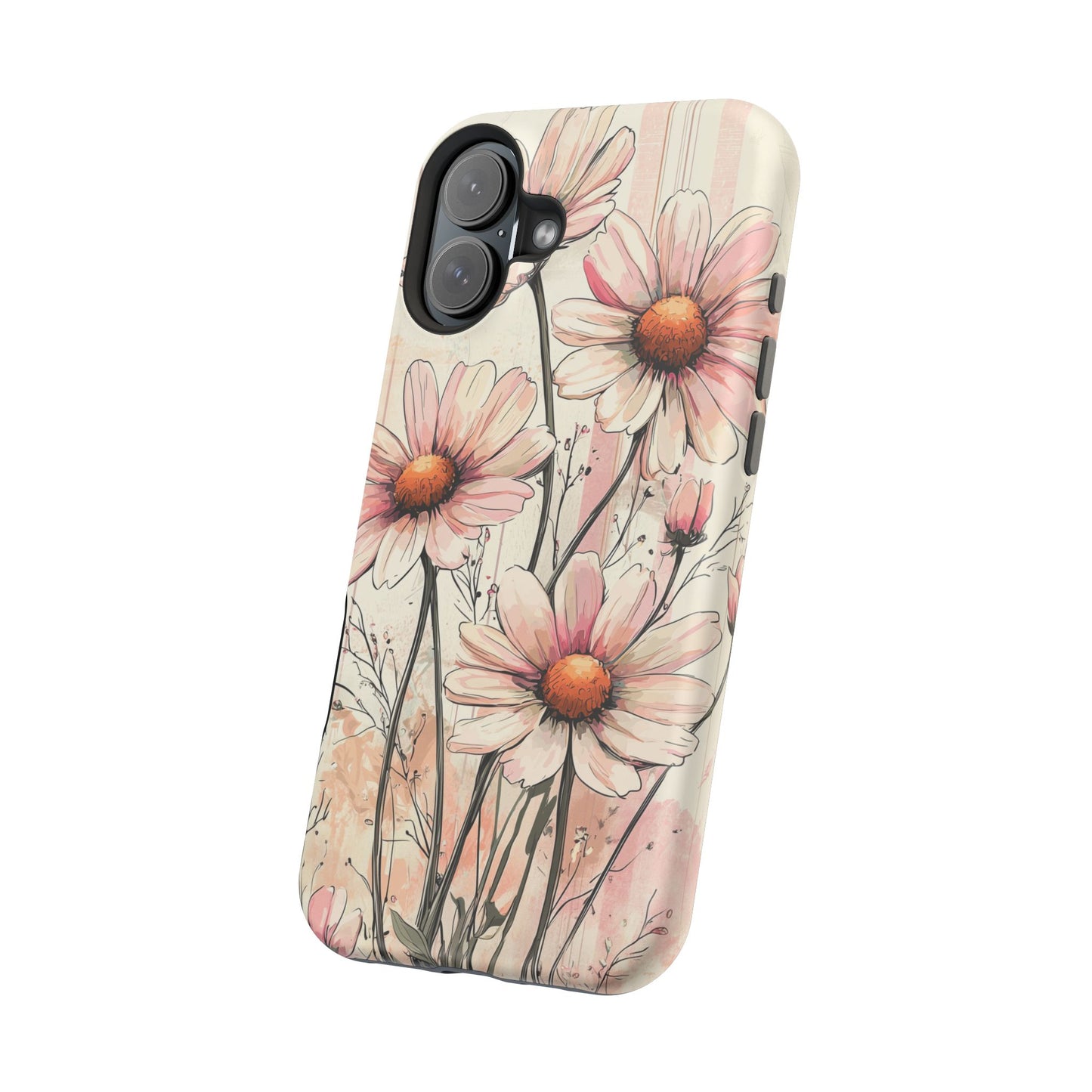 Pastel Pink Daisy MagSafe iPhone Case - Elegant Floral Plaid Protective Cover