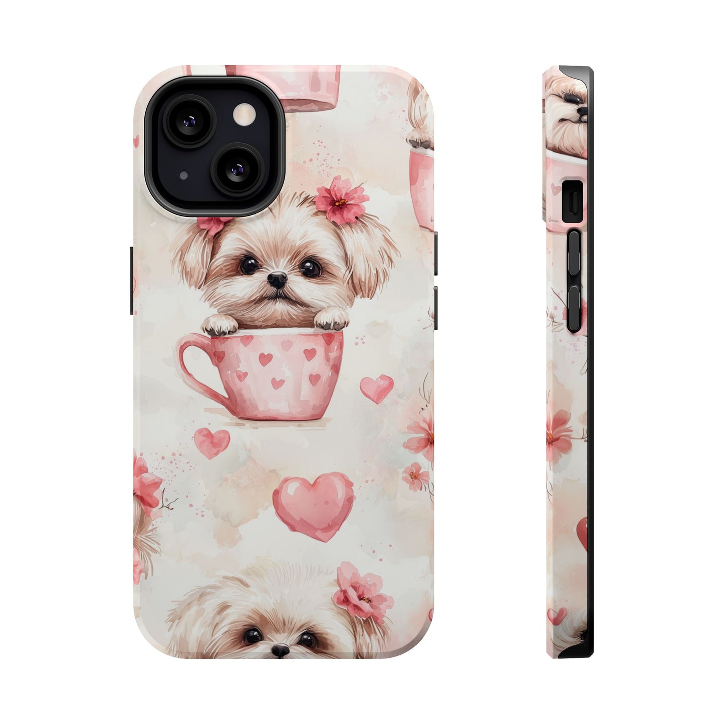 Floral Puppy in Teacup MagSafe iPhone Case – Cute Pink Flower Design, Tough Dual-Layer Protection