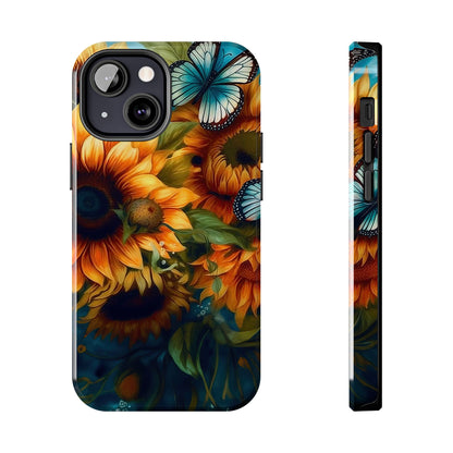 Aqua Blue Butterfly & Sunflower Art – iPhone Case