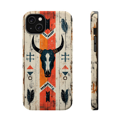 Rustic Western Bull Skull Tough MagSafe iPhone Case – Distressed Wood Design, Dual-Layer Protection