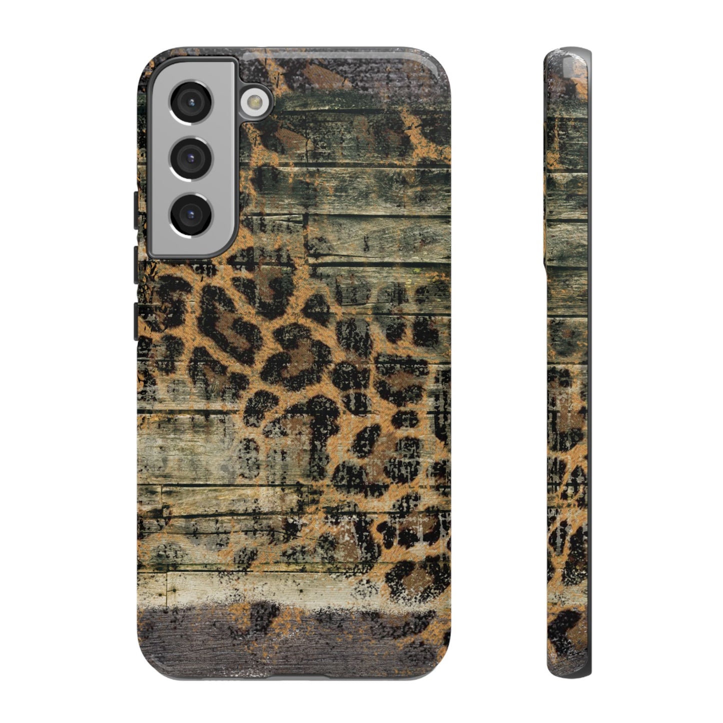 Rustic Wood and Leopard Print Tough Samsung Galaxy Case – Distressed Western Design with Dual-Layer Protection