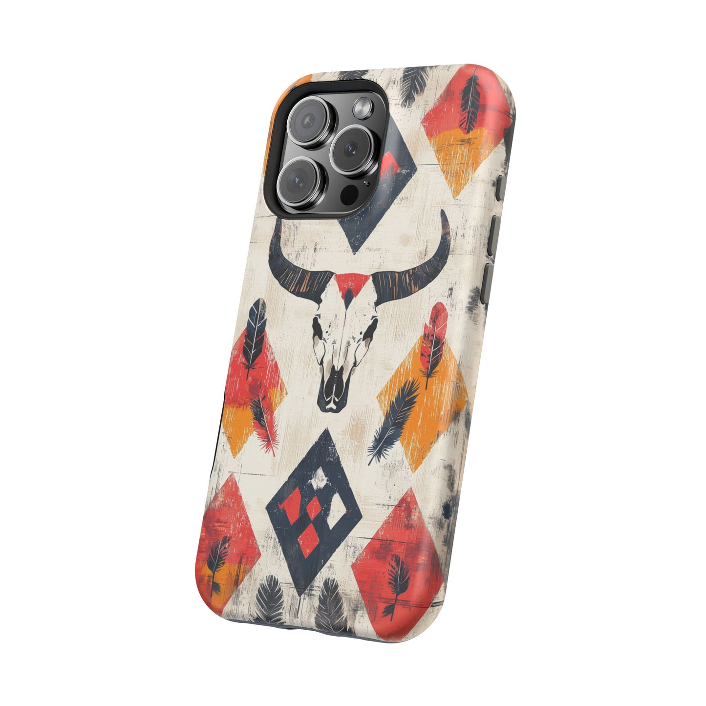 Western Bull Skull & Feathers Tough Mag Safe iPhone Case – Bold Tribal Design, Dual-Layer Protection