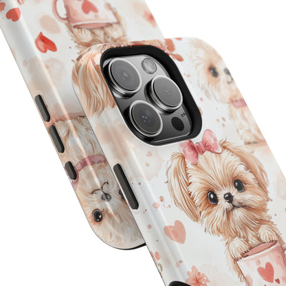 Puppies & Heart Mugs MagSafe iPhone Case – Sweet Dog & Floral Design, Shockproof & Slim