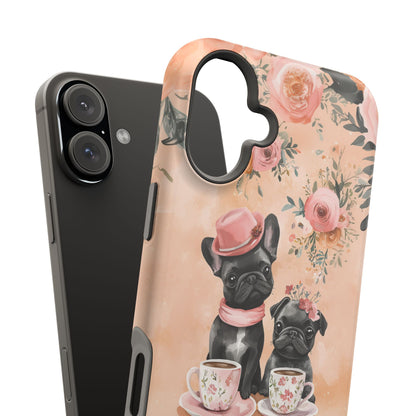 Floral French Bulldogs MagSafe iPhone Case – Elegant Dog Design with Tea Cups & Roses, Shockproof Protection