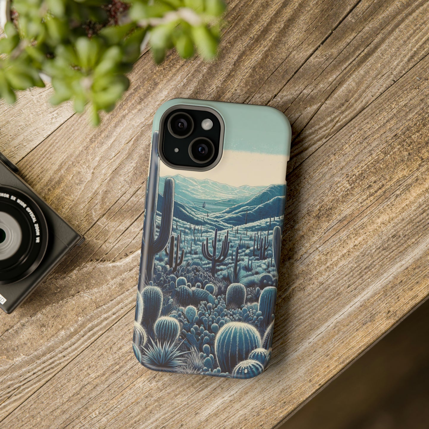 Desert Blues MagSafe Case - Serene Cactus Landscape for iPhone Series 13, 14, & 15