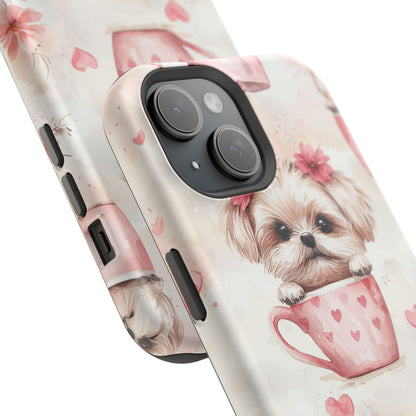 Floral Puppy in Teacup MagSafe iPhone Case – Cute Pink Flower Design, Tough Dual-Layer Protection