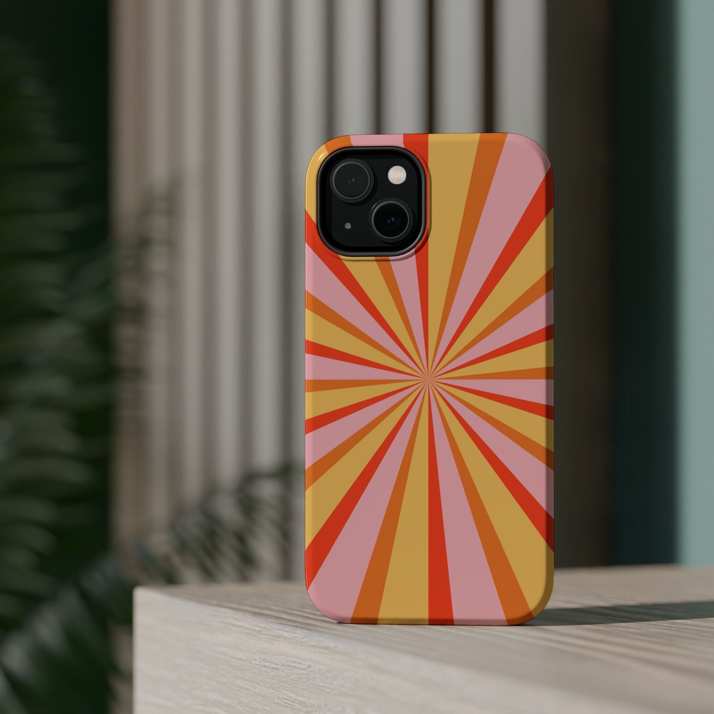 Bold Retro Sunburst MagSafe iPhone Case – Vibrant 70s-Inspired Rays in Orange, Pink, and Yellow