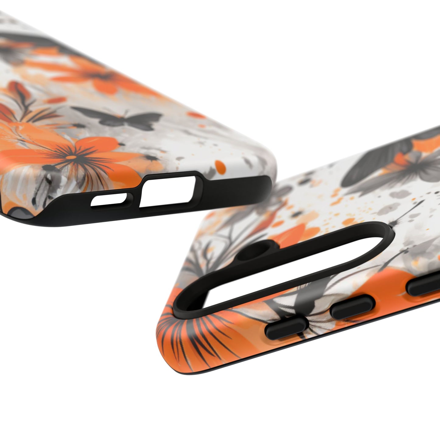 Orange Blossom & Black Butterfly Samsung Galaxy Case – Bold Floral Pattern with Modern Abstract Style