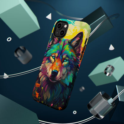 Rainbow Wolf in Bloom – MagSafe iPhone Case with Nature-Inspired Design