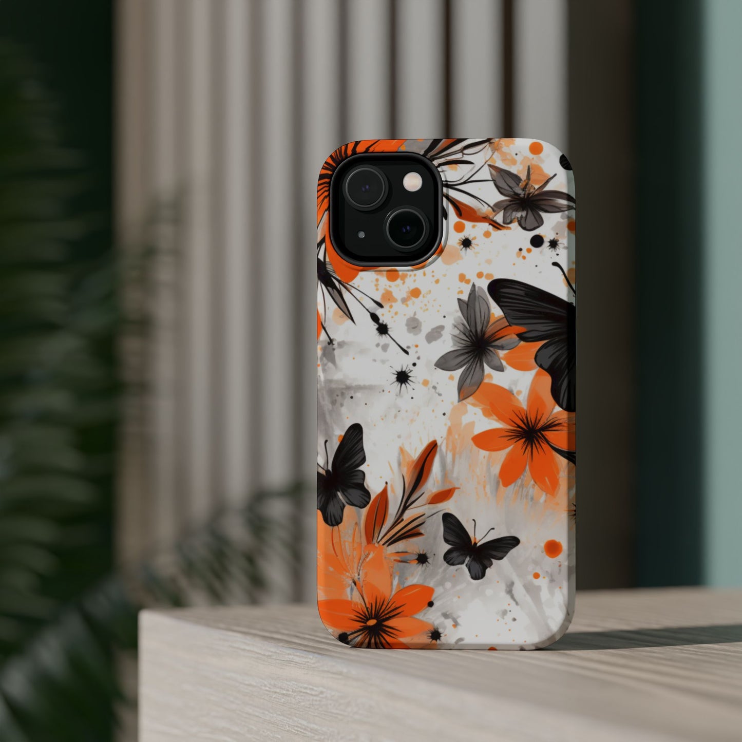 Orange Blossom & Black Butterfly MagSafe iPhone Case – Bold Floral Pattern with Modern Abstract Style