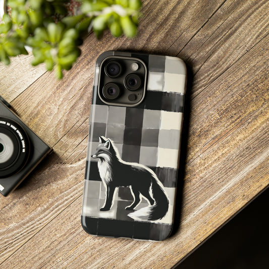 Black White Fox Phone Case - Monochrome Mystique - Artistic Fox Plaid Phone Case - Animal Lovers Dream - Nature Lovers Gift - Foxes