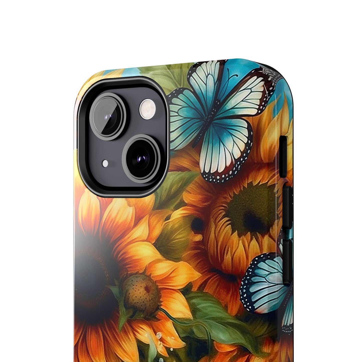 Aqua Blue Butterfly & Sunflower Art – iPhone Case