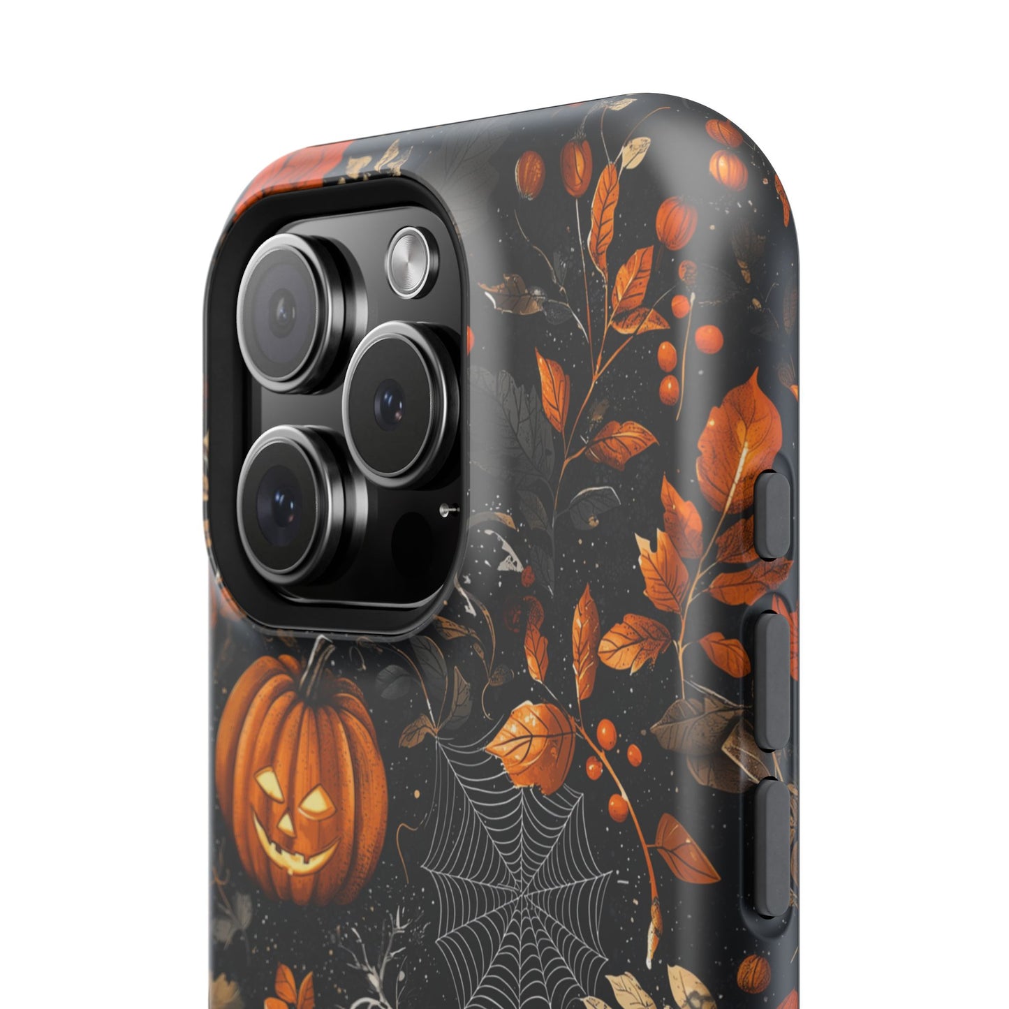 Elegant Halloween MagSafe iPhone Case – Pumpkin Jack-o'-Lanterns, Cobwebs & Autumn Foliage Design