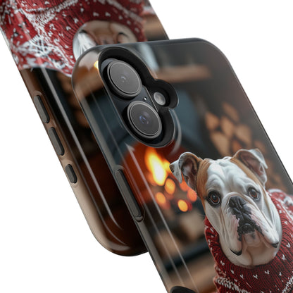 Cozy Bulldog in Sweater MagSafe iPhone Case – Festive Fireplace Protective Cover