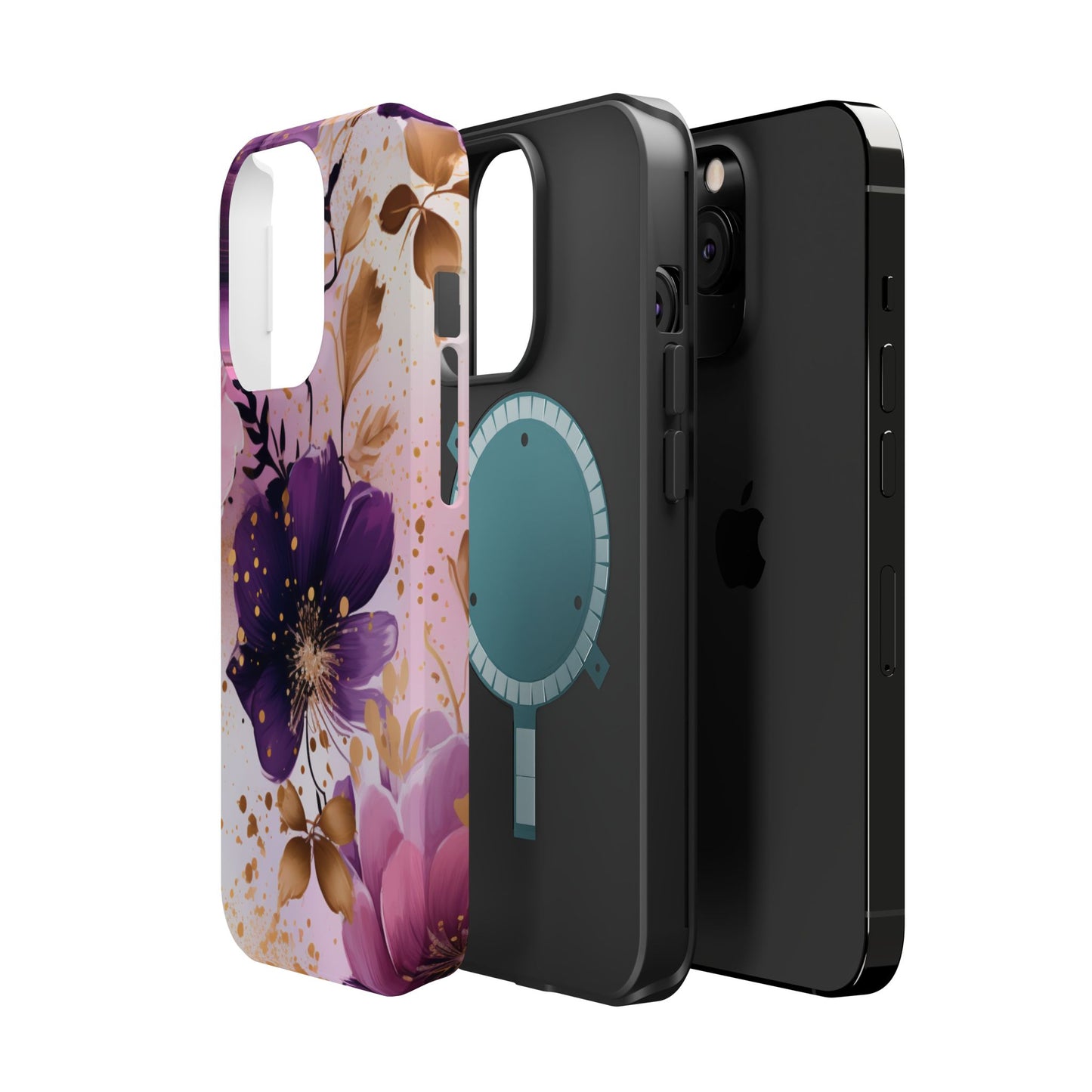 Elegant Purple & Gold Floral MagSafe iPhone Case - Luxe Flower Design