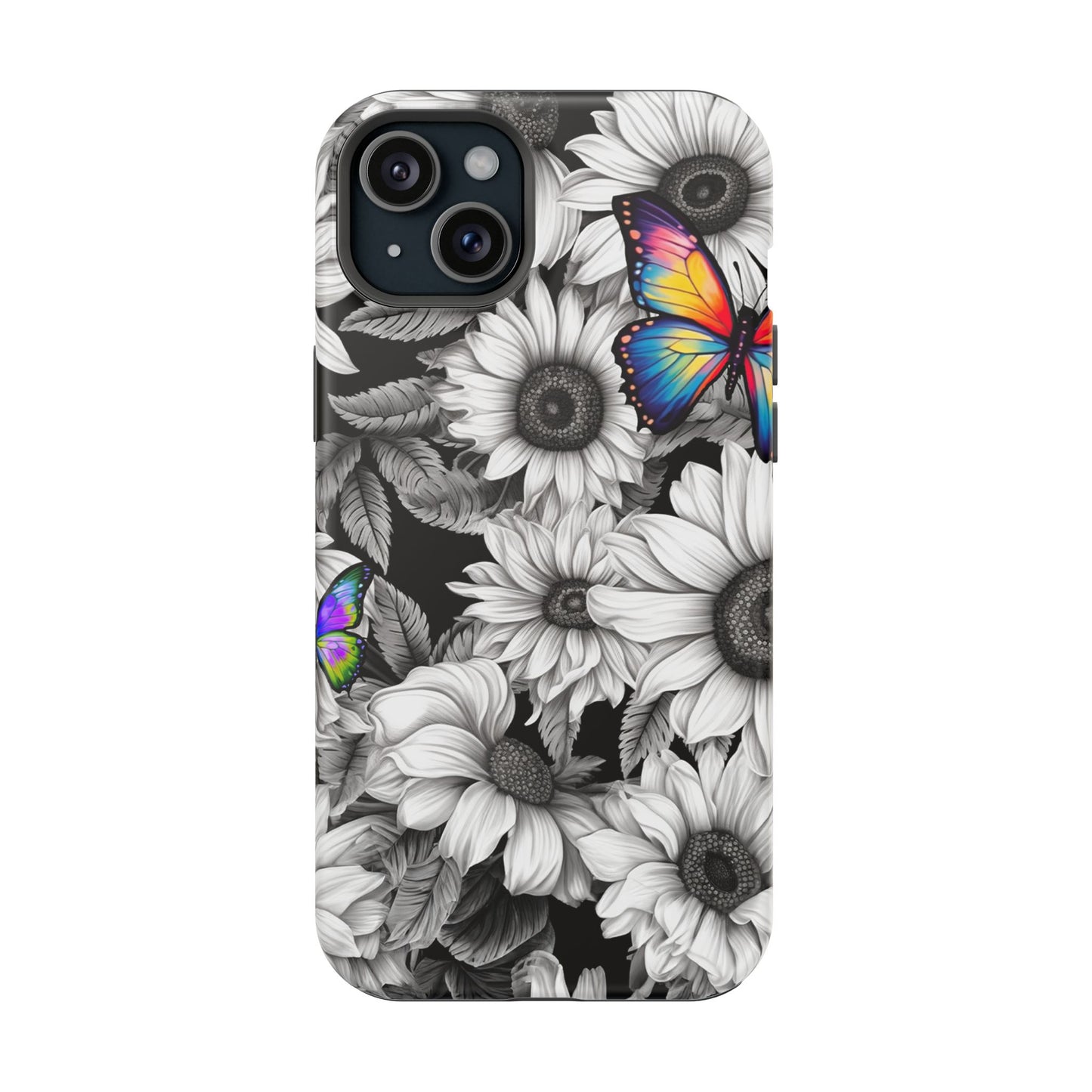 Rainbow Butterflies & Monochrome Sunflowers – MagSafe iPhone Case