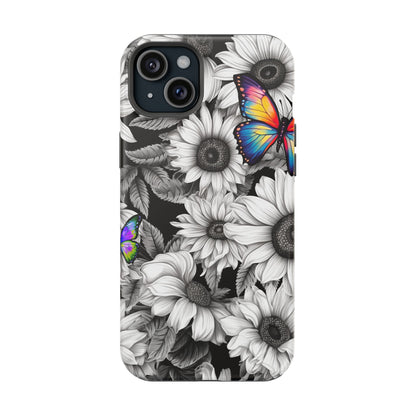 Rainbow Butterflies & Monochrome Sunflowers – MagSafe iPhone Case