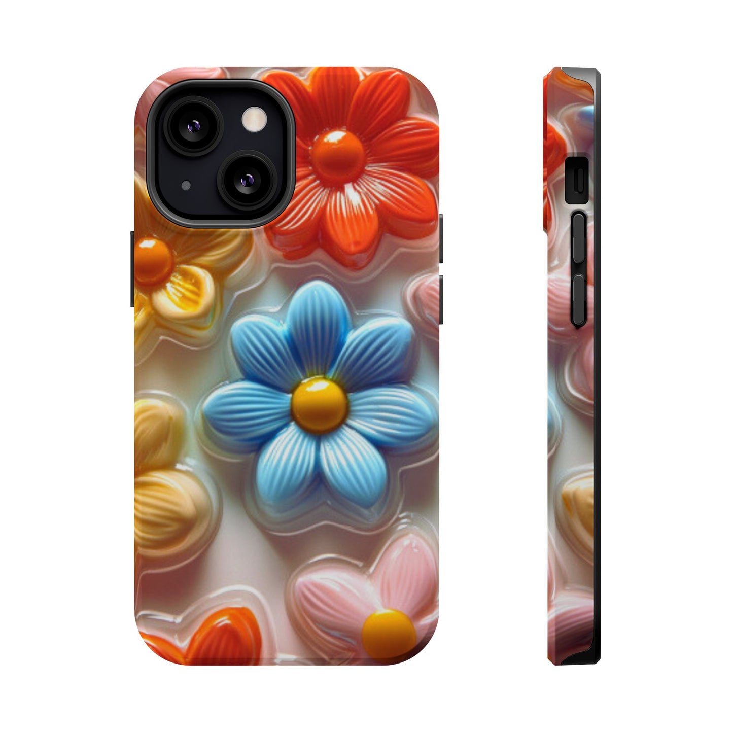 Glossy Retro Flower MagSafe iPhone Case – Colorful 3D Floral Design, Durable Protection