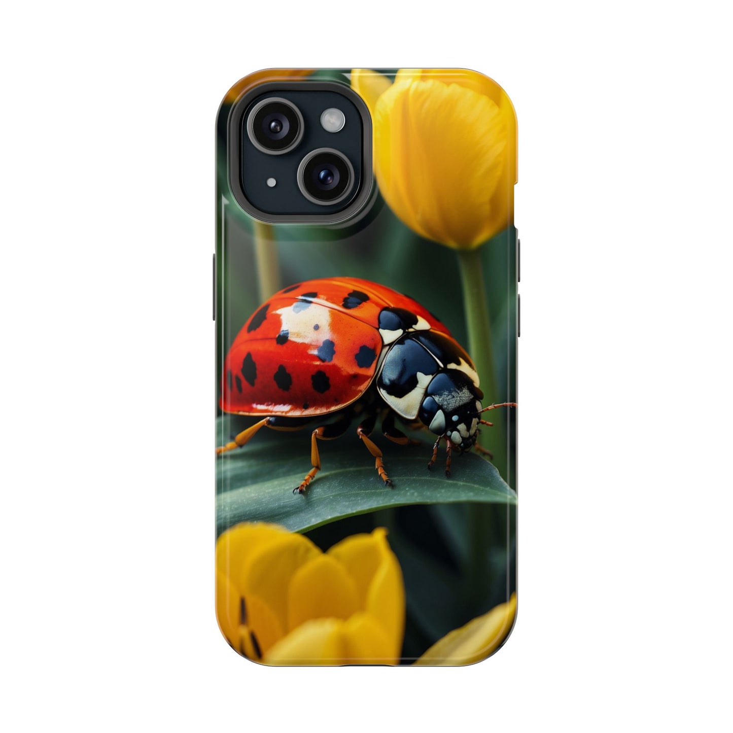 MagSafe iPhone Case: Vibrant Ladybug Amidst a Lush Yellow Flower Garden