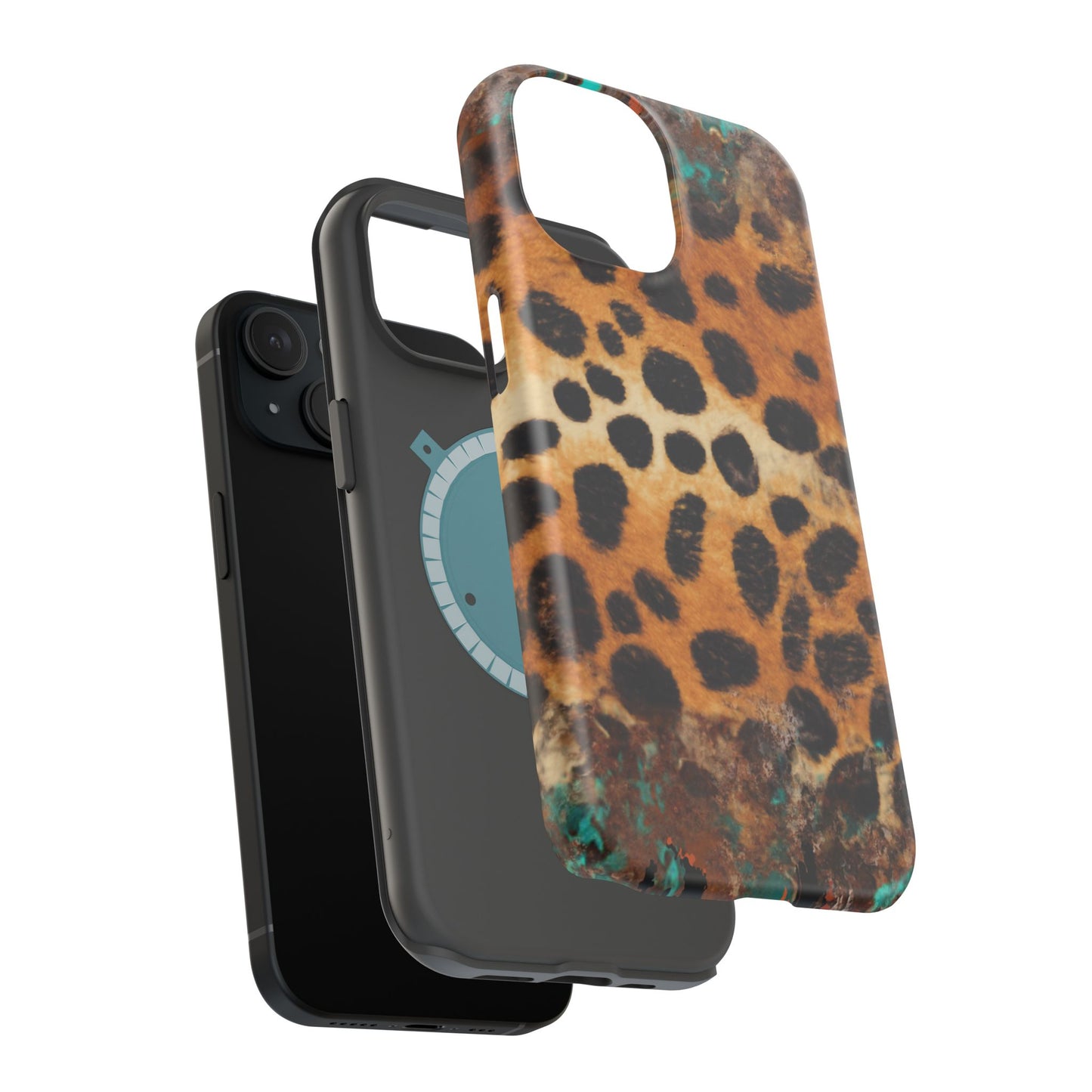 Rustic Leopard Print Tough MagSafe iPhone Case – Distressed Turquoise and Animal Pattern with Dual-Layer Protection