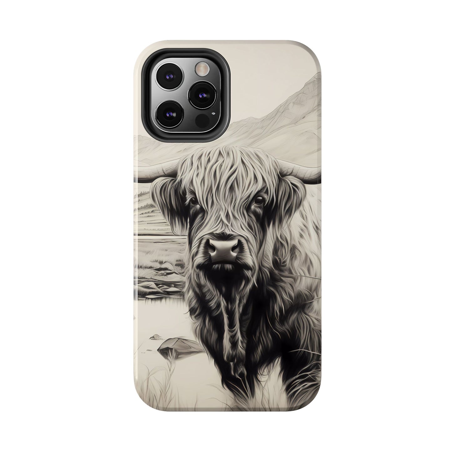 Cute Highland Cow Cases - Western Charcoal Sketched Cow - Farmhouse Design