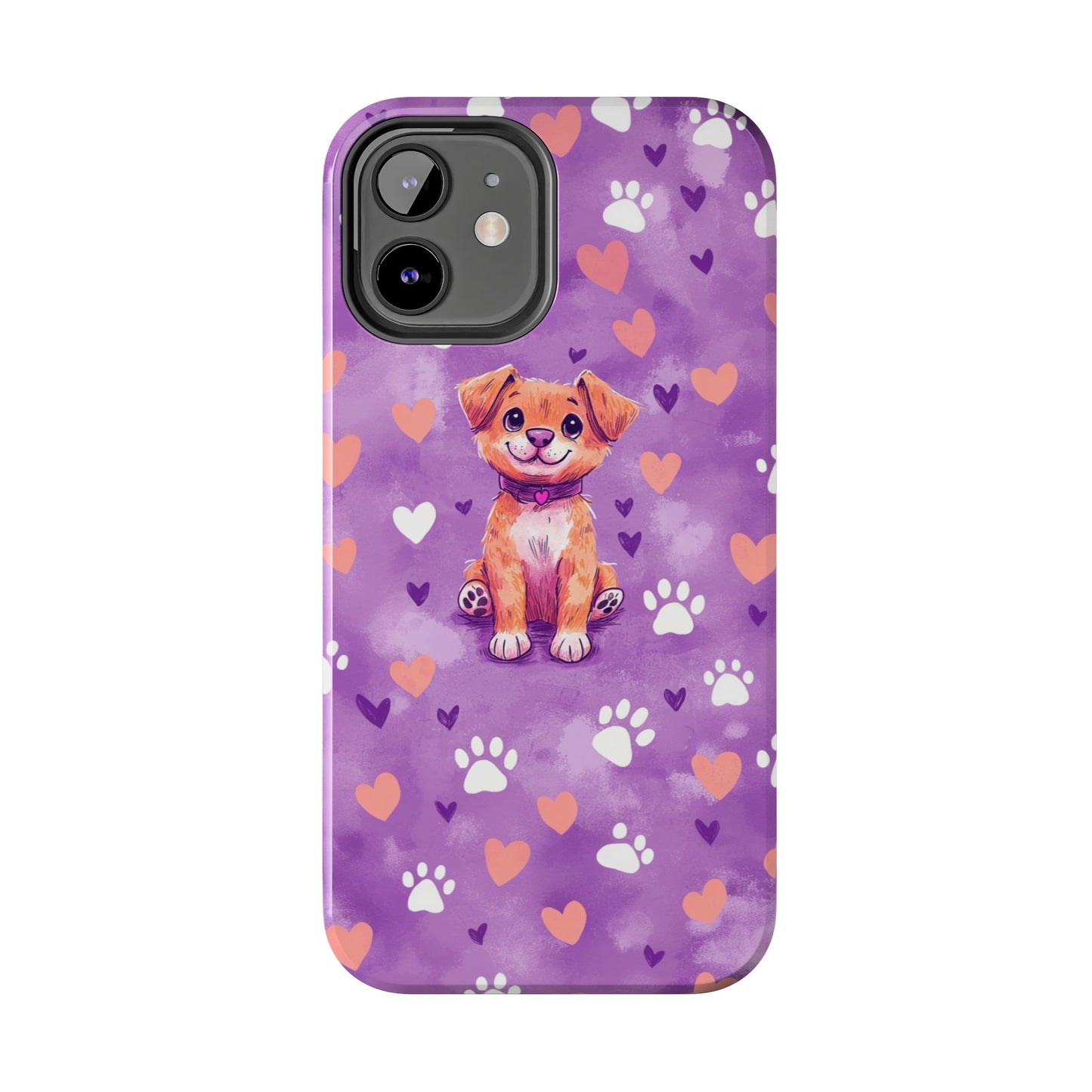 Cute Puppy iPhone Case - Adorable Pet Design with Hearts & Paw Prints, Protective Cover