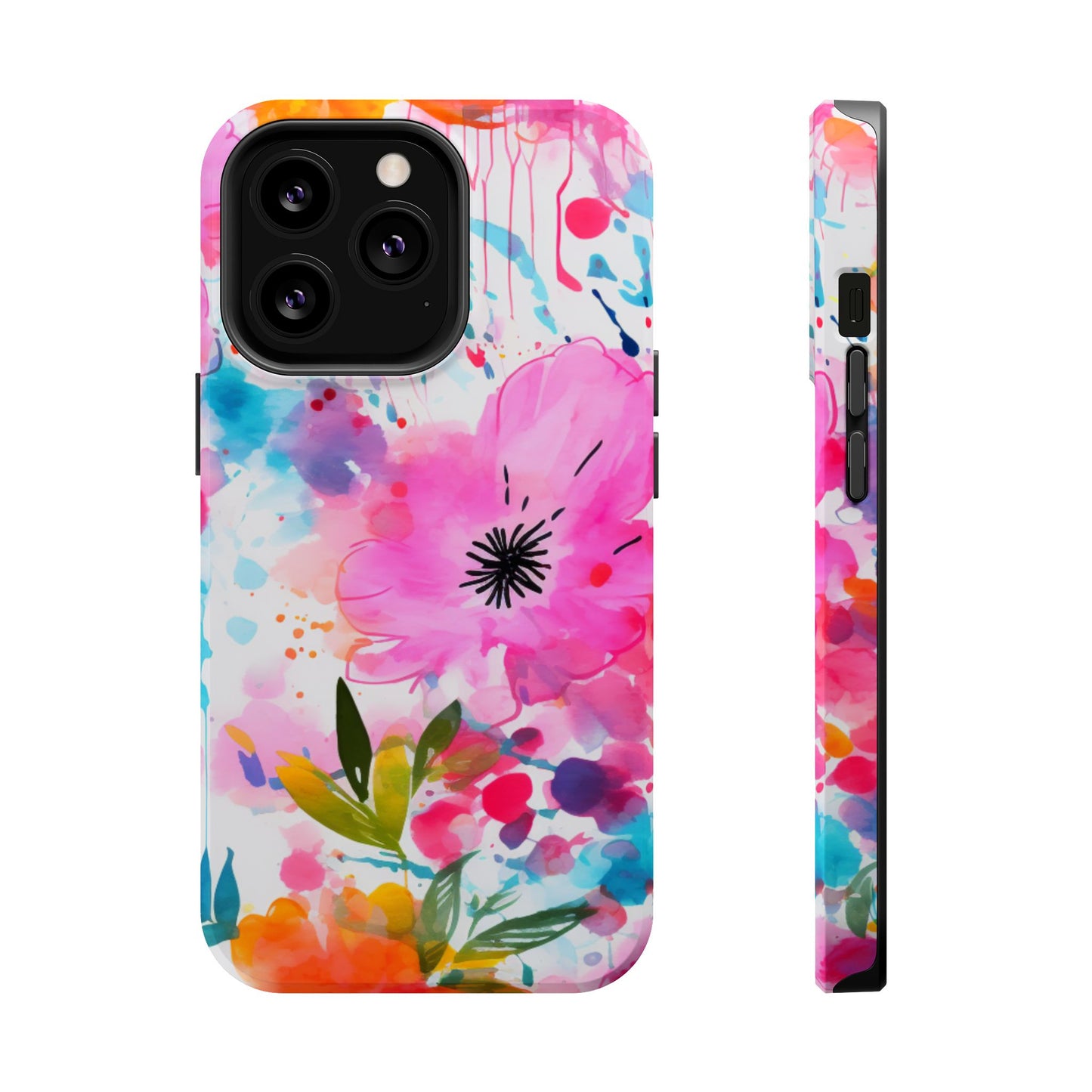 Color Splash Pink & Orange Watercolor Floral - MagSafe iPhone Case