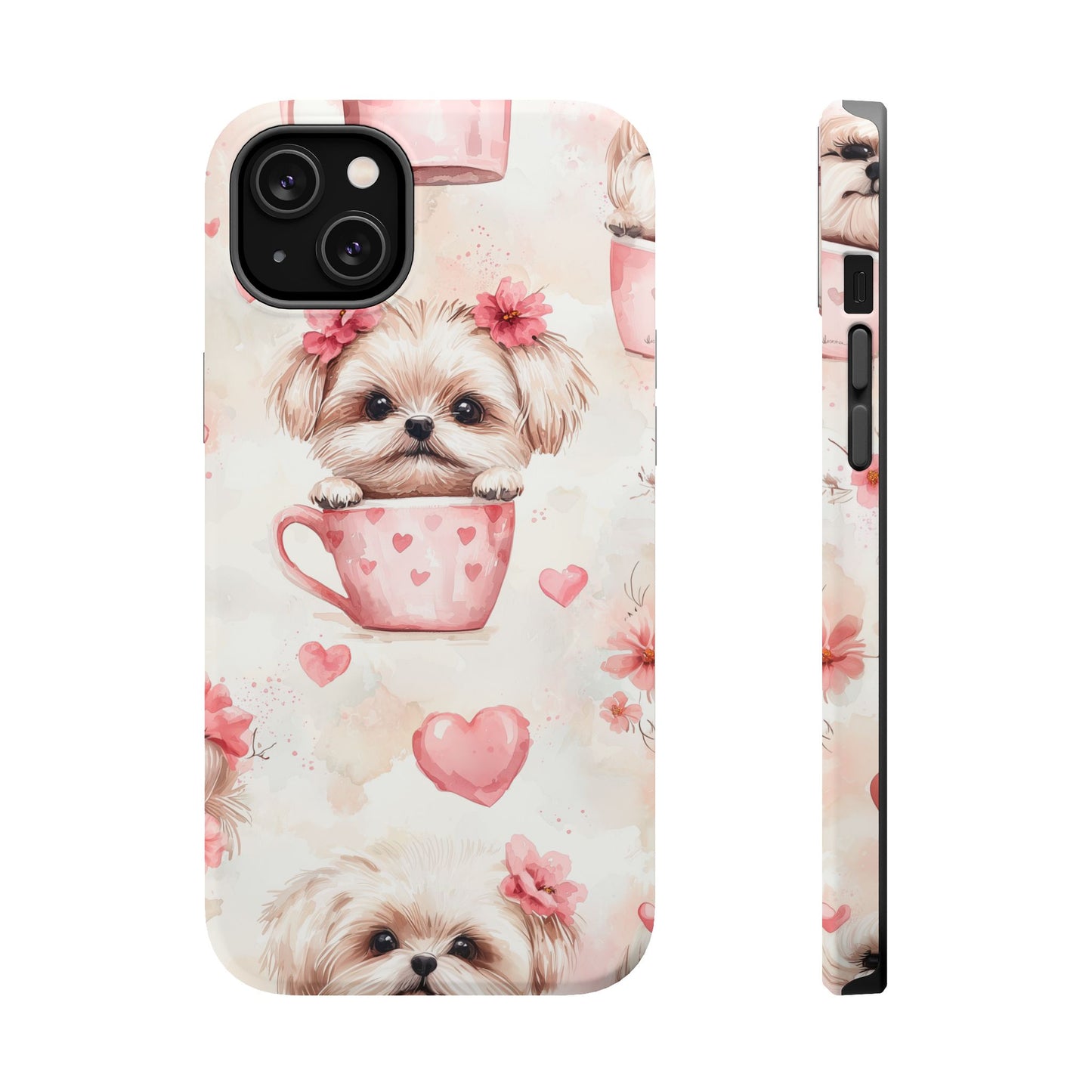 Floral Puppy in Teacup MagSafe iPhone Case – Cute Pink Flower Design, Tough Dual-Layer Protection