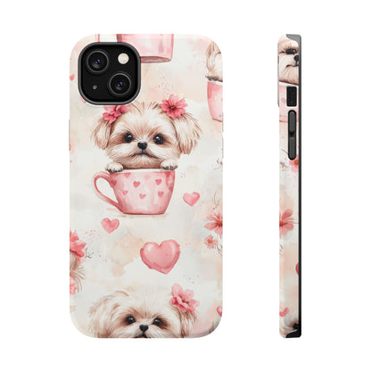 Floral Puppy in Teacup MagSafe iPhone Case – Cute Pink Flower Design, Tough Dual-Layer Protection