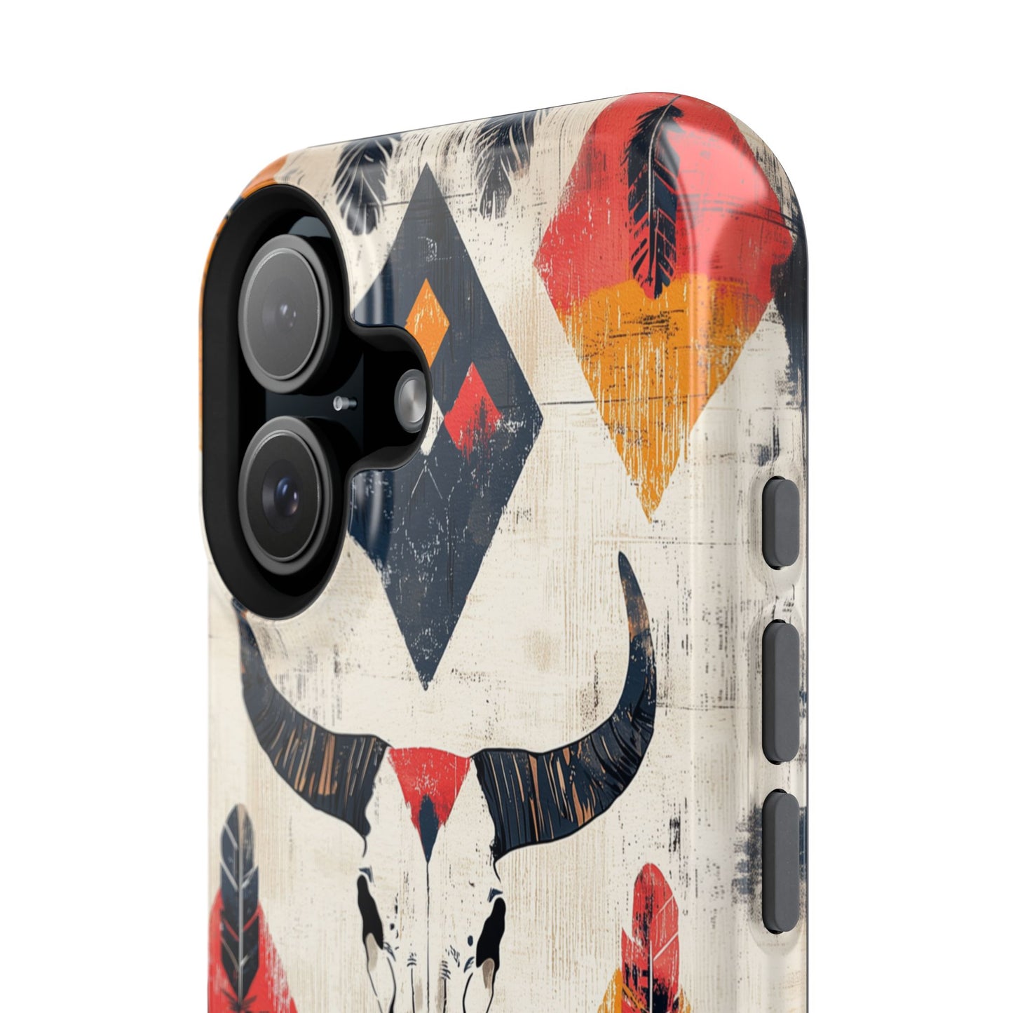 Western Bull Skull & Feathers Tough Mag Safe iPhone Case – Bold Tribal Design, Dual-Layer Protection