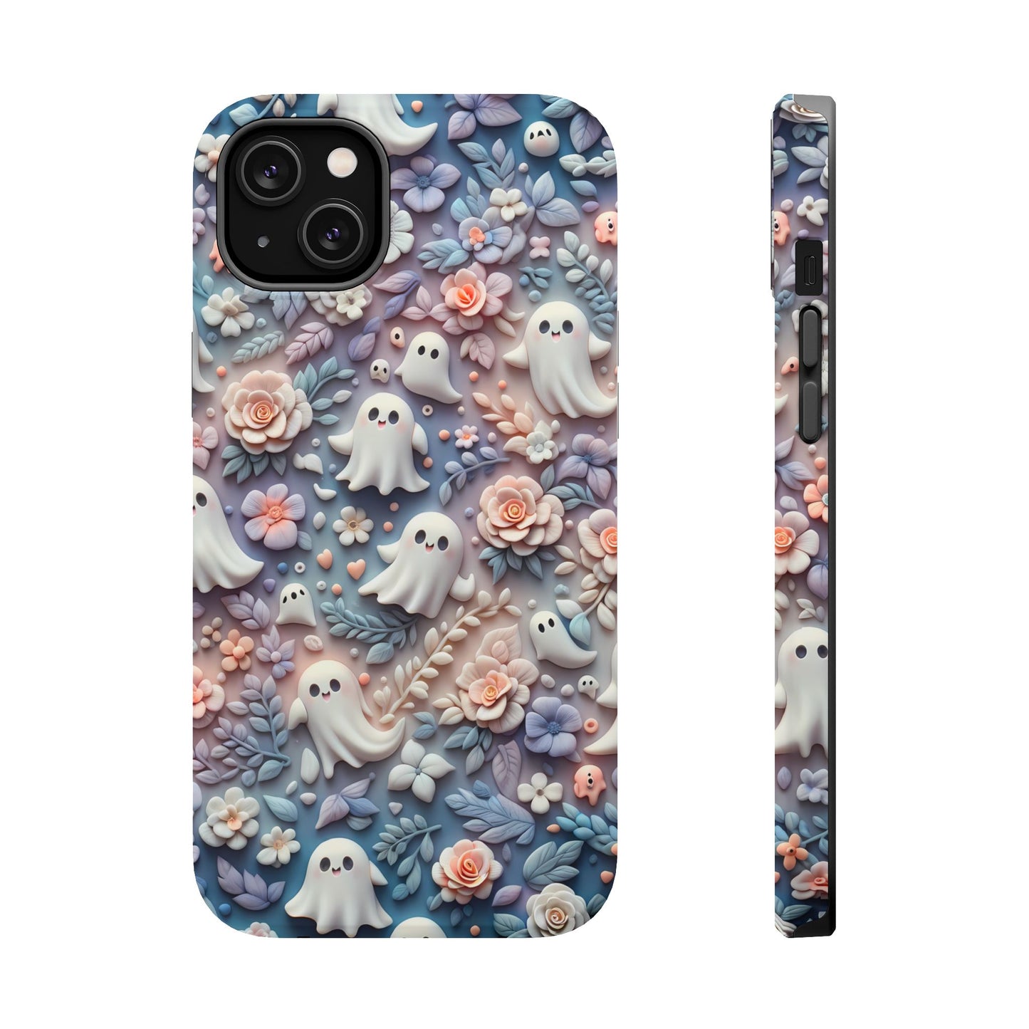 Cute MagSafe Ghosts Flowers Phone Case | Ethereal Clay Style | Autumn and Halloween Aesthetic | Tough Dual Layer Protection