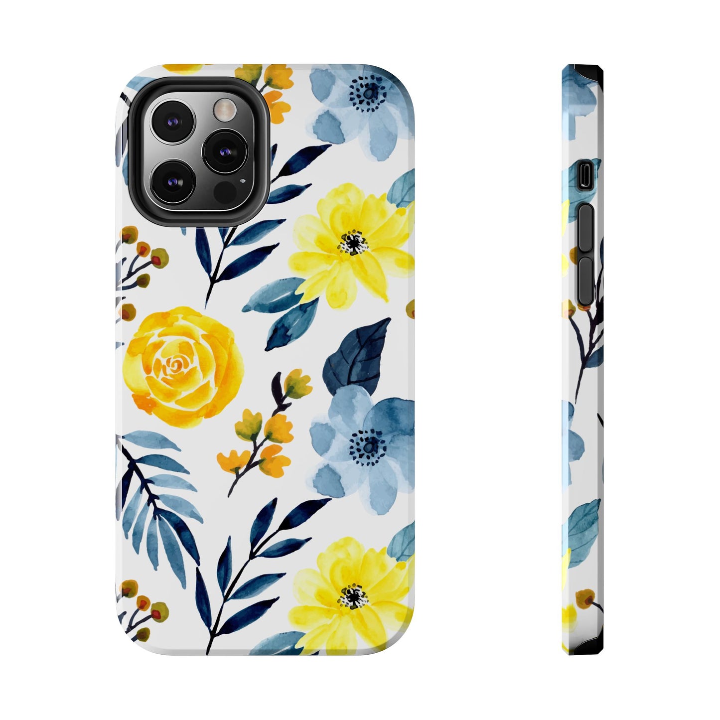 Golden Yellow & Sky Blue Floral – Watercolor Botanical iPhone Case