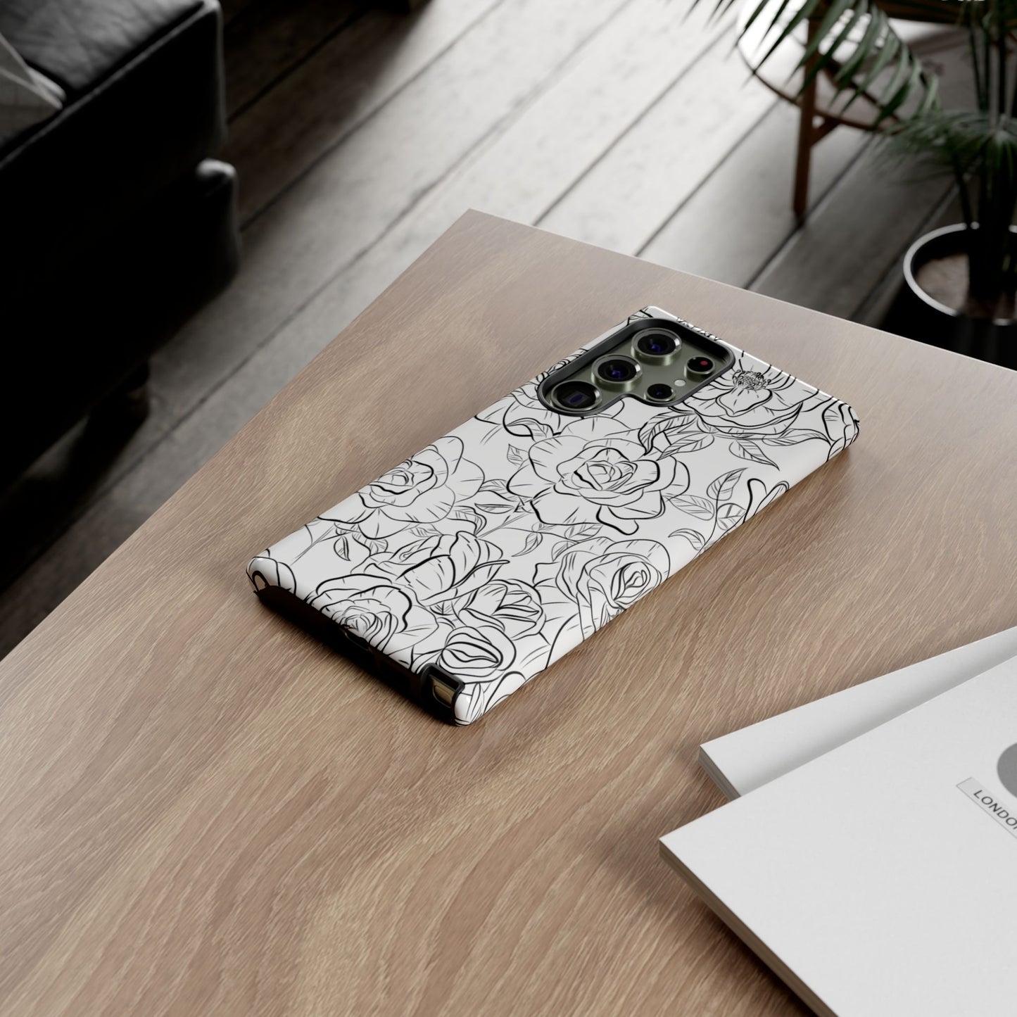 Monochrome Rose Garden Tough Samsung Galaxy Case – Elegant Floral Line Art with Dual-Layer Protection