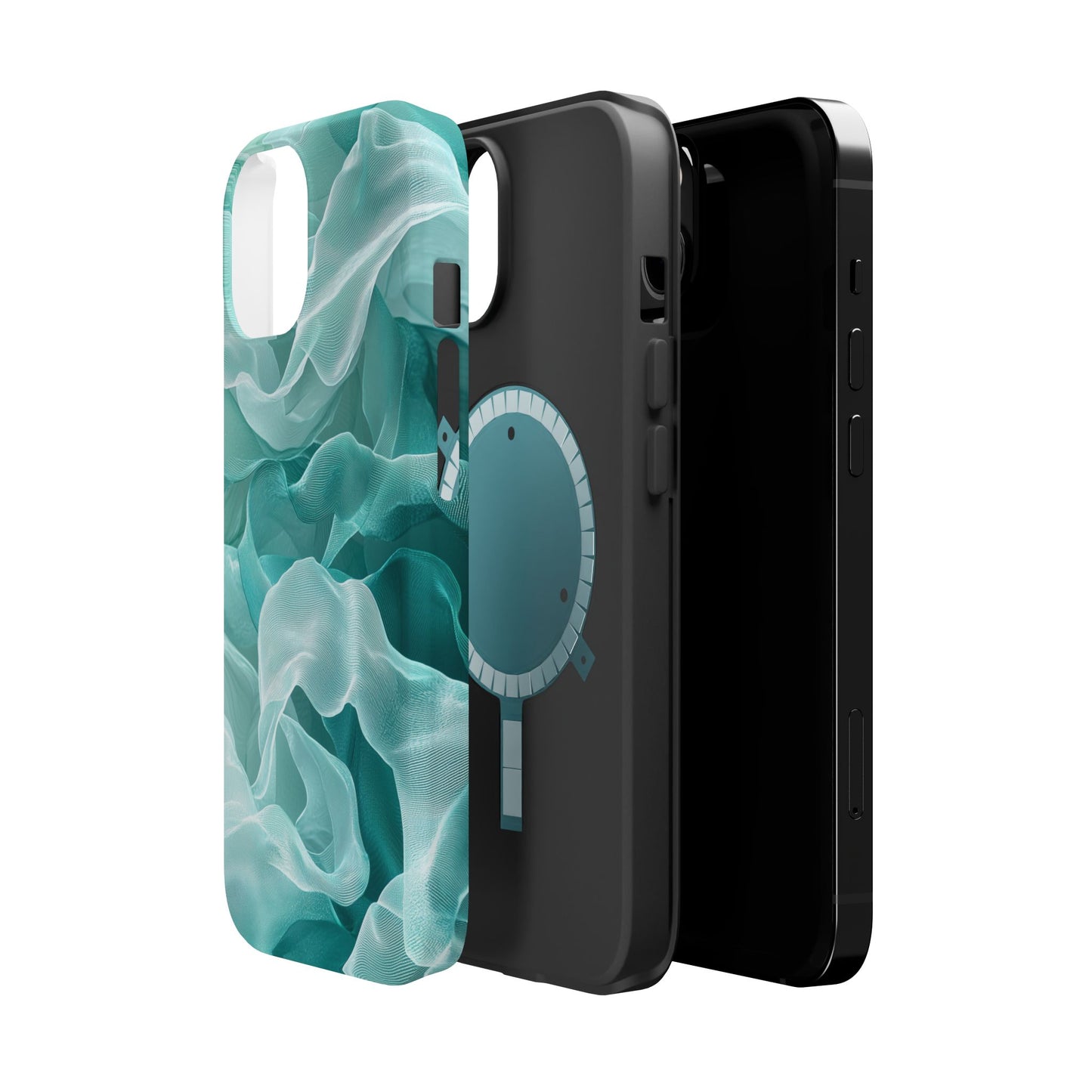 Elegant Flowing Teal Fabric MagSafe iPhone Case – Soft Waves Design