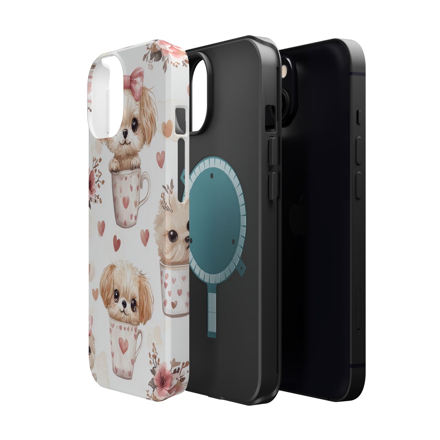 Cute Puppies in Heart MagSafe iPhone Case – Adorable Dog & Floral Design, Shockproof & Slim