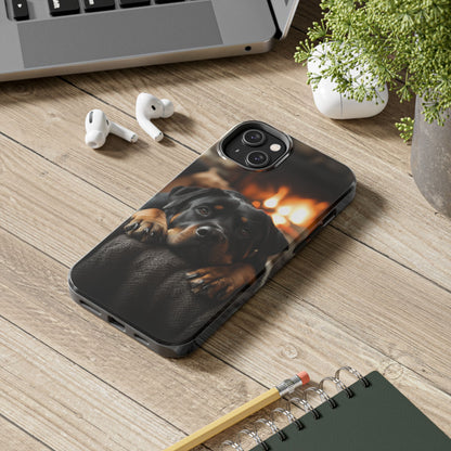 Cozy Rottweiler by the Fireplace iPhone Case – Warm Rustic Design