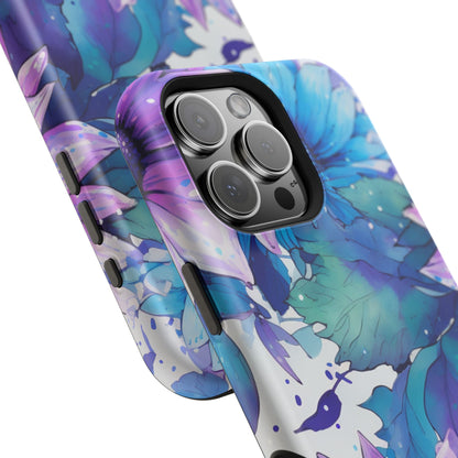 Purple & Teal Watercolor Floral MagSafe iPhone Case - Artistic Flower Design