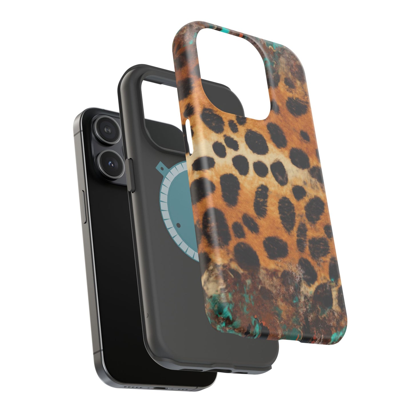 Rustic Leopard Print Tough MagSafe iPhone Case – Distressed Turquoise and Animal Pattern with Dual-Layer Protection