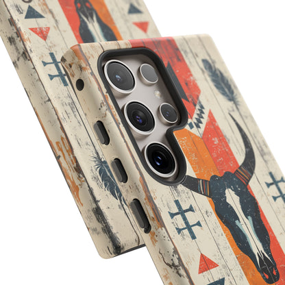 Rustic Western Bull Skull Tough Samsung Galaxy Case – Distressed Wood Design, Dual-Layer Protection
