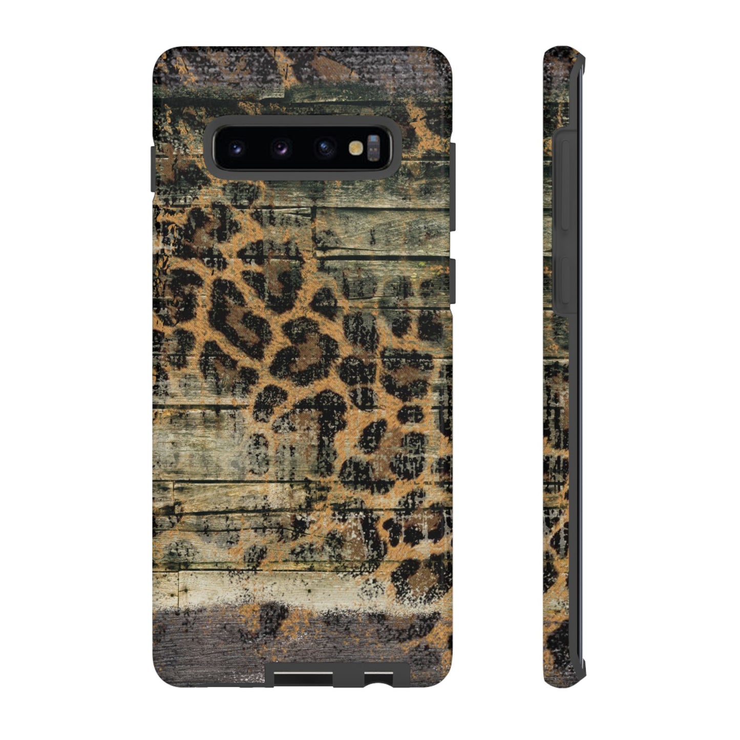 Rustic Wood and Leopard Print Tough Samsung Galaxy Case – Distressed Western Design with Dual-Layer Protection