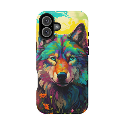 Rainbow Wolf in Bloom – MagSafe iPhone Case with Nature-Inspired Design