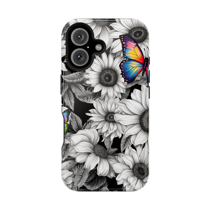 Rainbow Butterflies & Monochrome Sunflowers – MagSafe iPhone Case