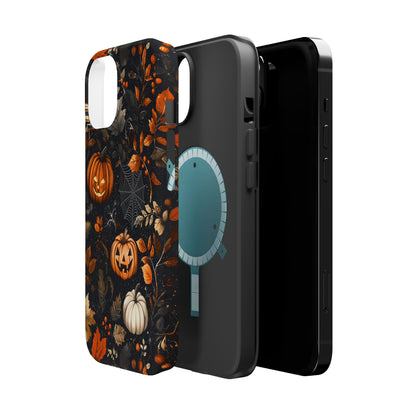 Elegant Halloween MagSafe iPhone Case – Pumpkin Jack-o'-Lanterns, Cobwebs & Autumn Foliage Design