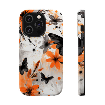 Orange Blossom & Black Butterfly MagSafe iPhone Case – Bold Floral Pattern with Modern Abstract Style