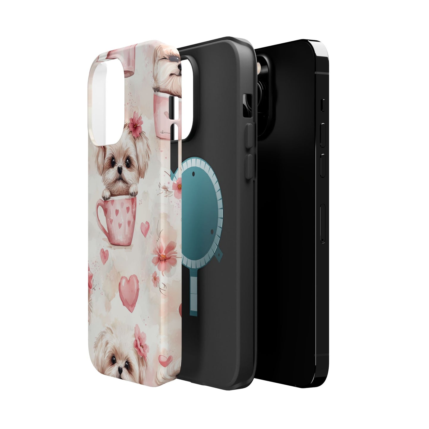 Floral Puppy in Teacup MagSafe iPhone Case – Cute Pink Flower Design, Tough Dual-Layer Protection