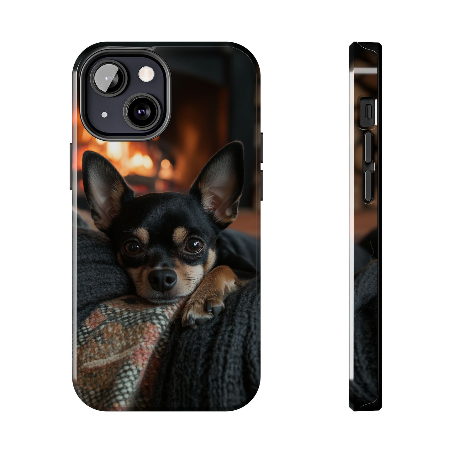 Cozy Chihuahua Fireplace iPhone Case – Warm and Stylish Design