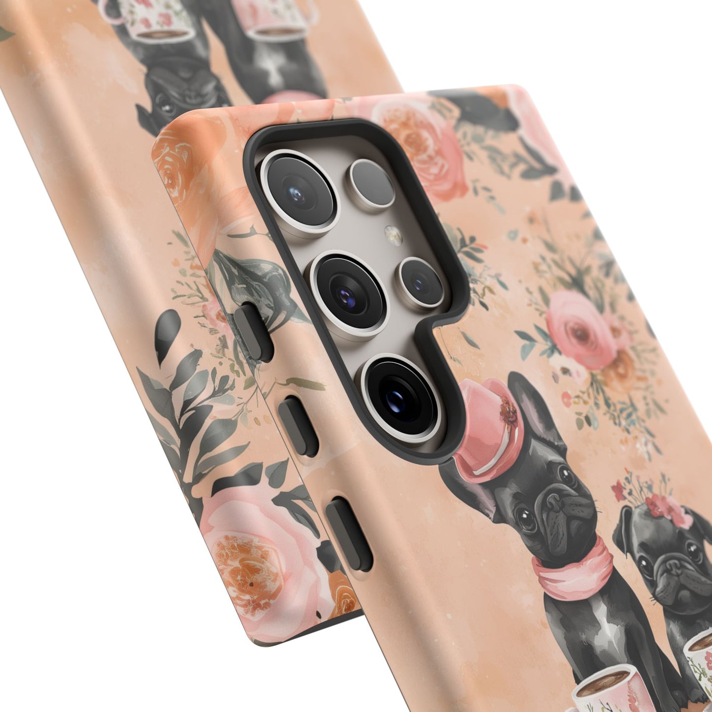 Floral French Bulldogs Samsung Galaxy Case – Elegant Dog Design with Tea Cups & Roses, Shockproof Protection