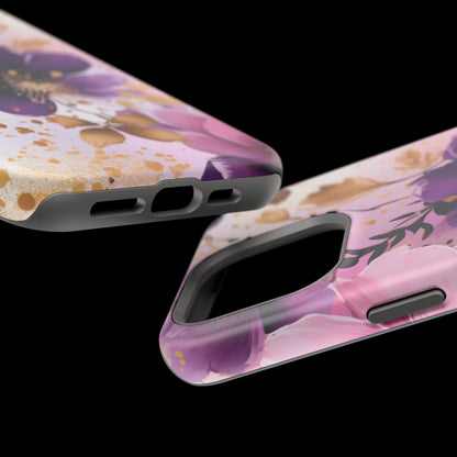 Elegant Purple & Gold Floral MagSafe iPhone Case - Luxe Flower Design